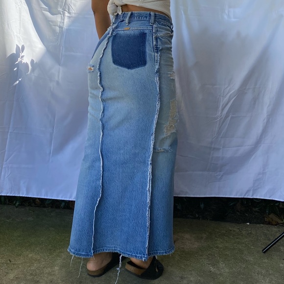 HIGH WAIST SPLIT THIGH REIMAGINED RAW EDGE CUSTOM DENIM SKIRT - Picture 1 of 3